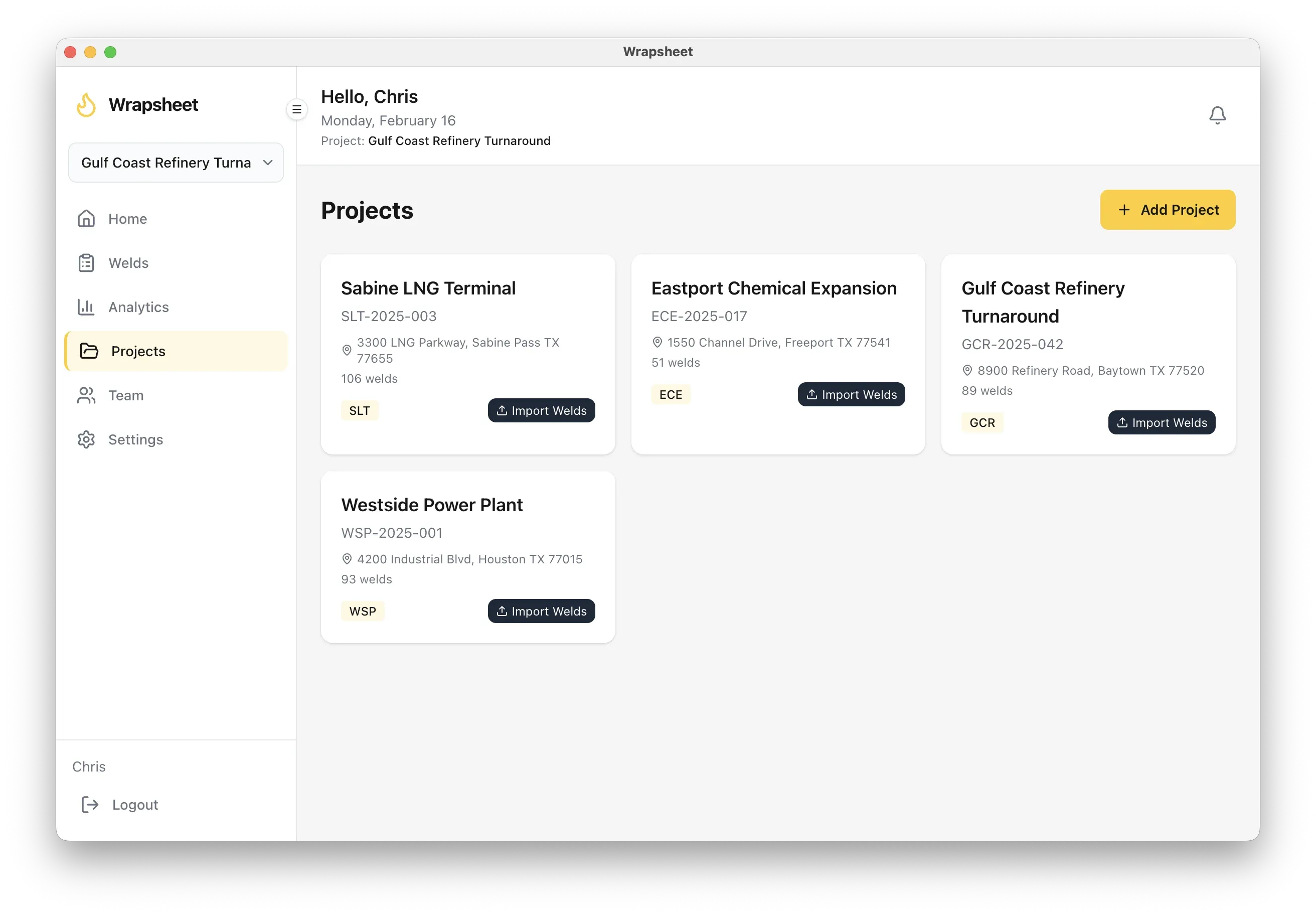 Wrapsheets web app project management view