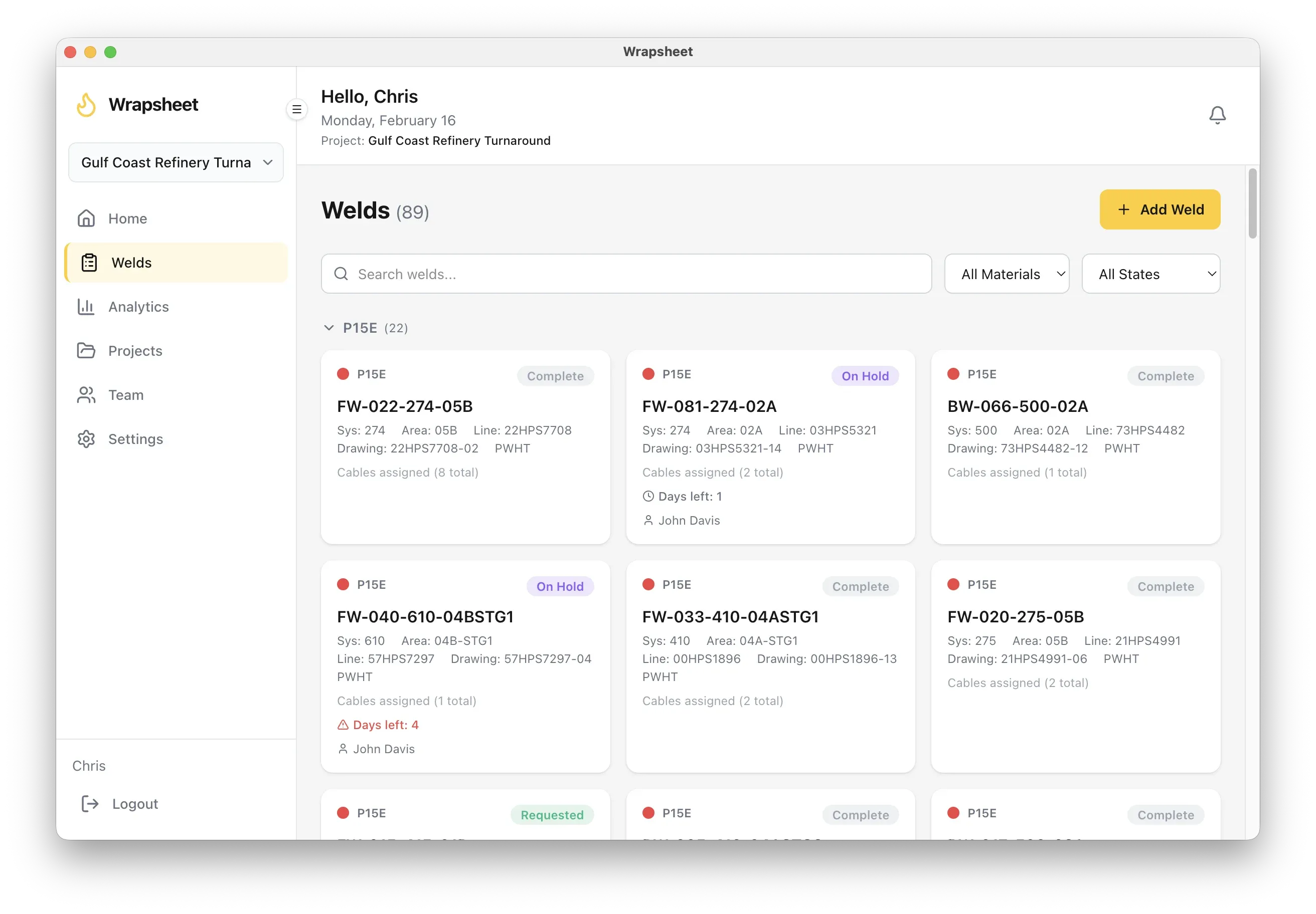 Wrapsheets web application showing weld management interface